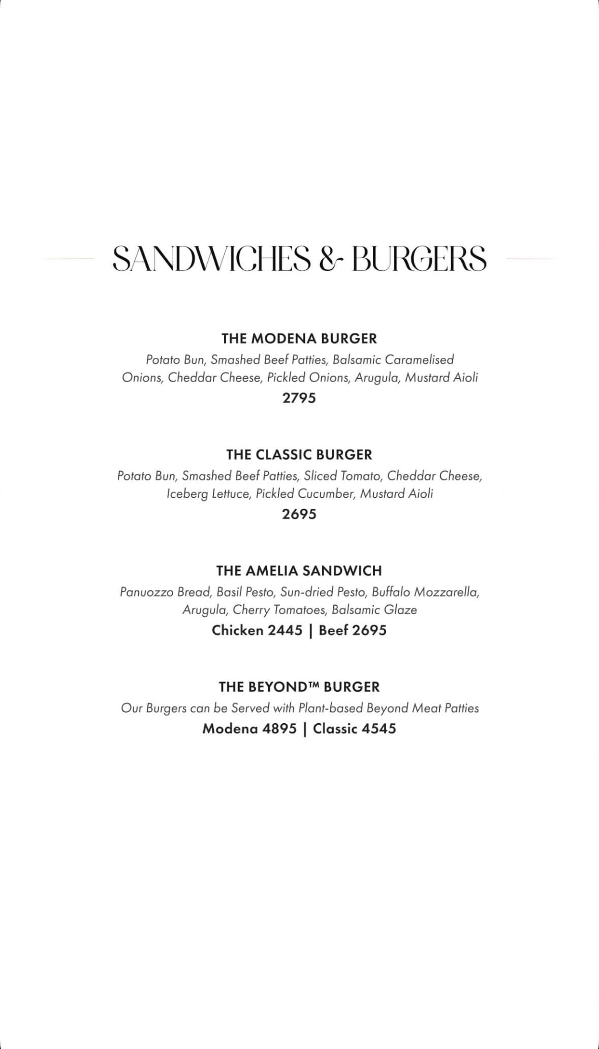 Fuoco Islamabad menu: sandwiches and burgers, with prices