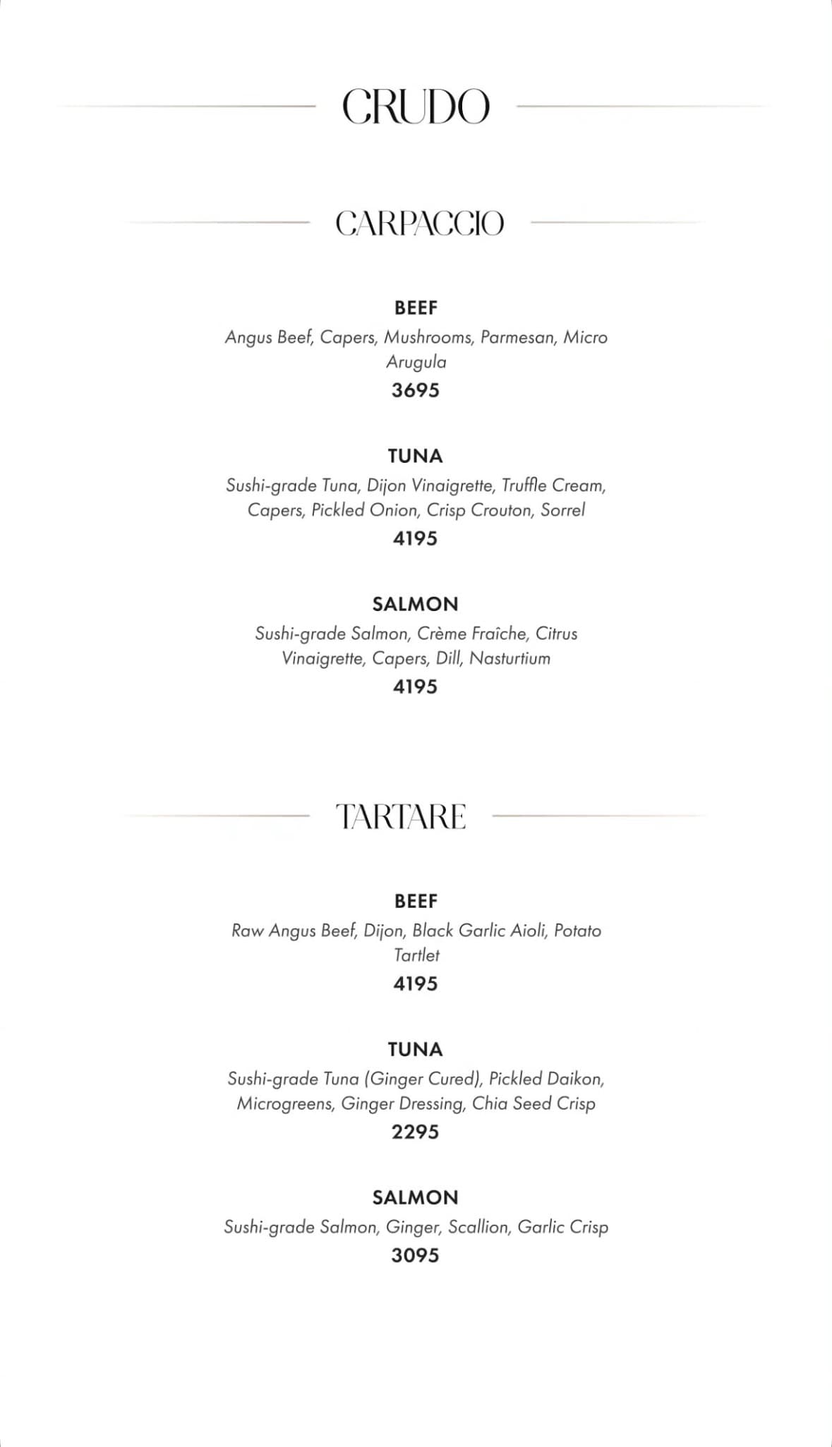 Fuoco Islamabad menu: crudo, carpaccio and tartare, with prices