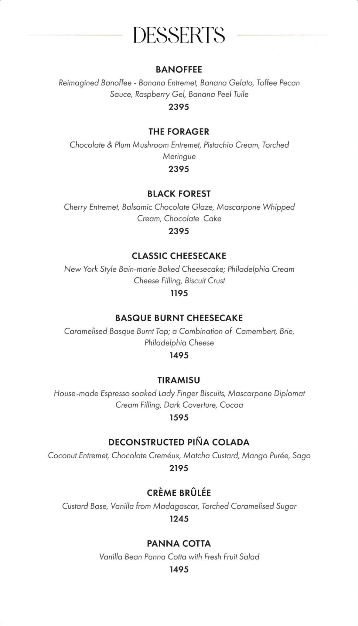 Fuoco Islamabad menu: desserts, with prices
