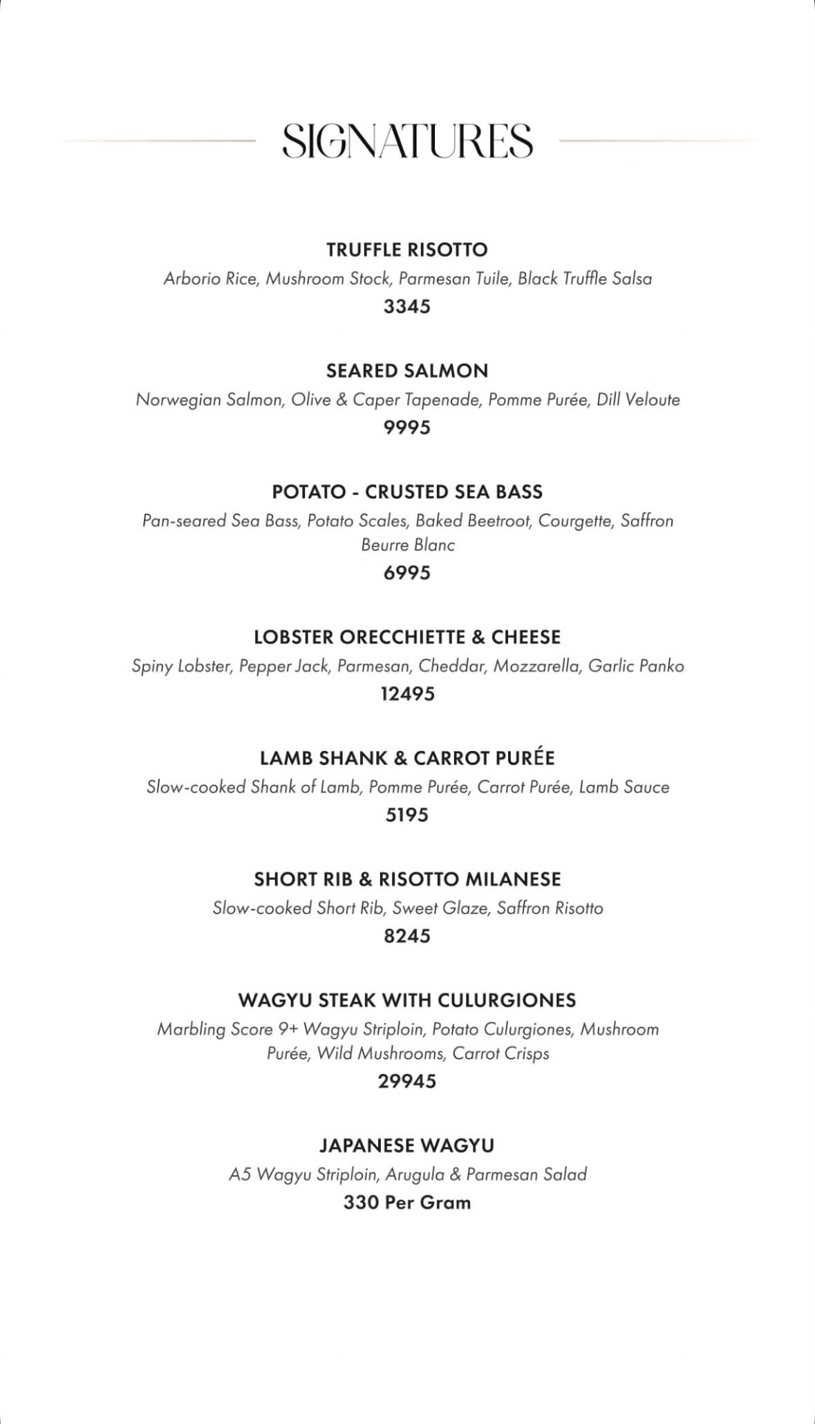 Fuoco Islamabad menu: signature mains including wagyu, with prices