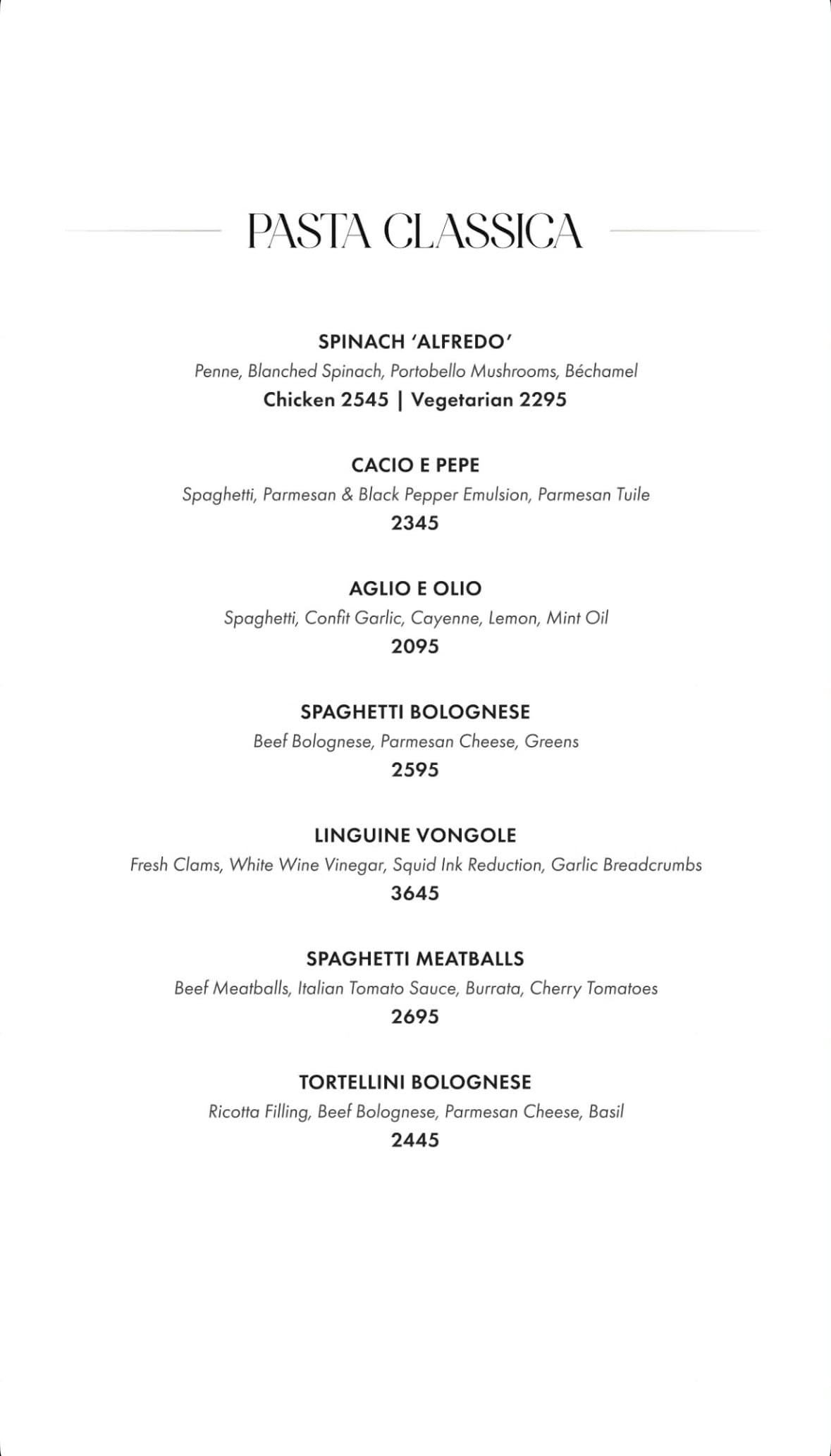 Fuoco Islamabad menu: classic pasta, with prices