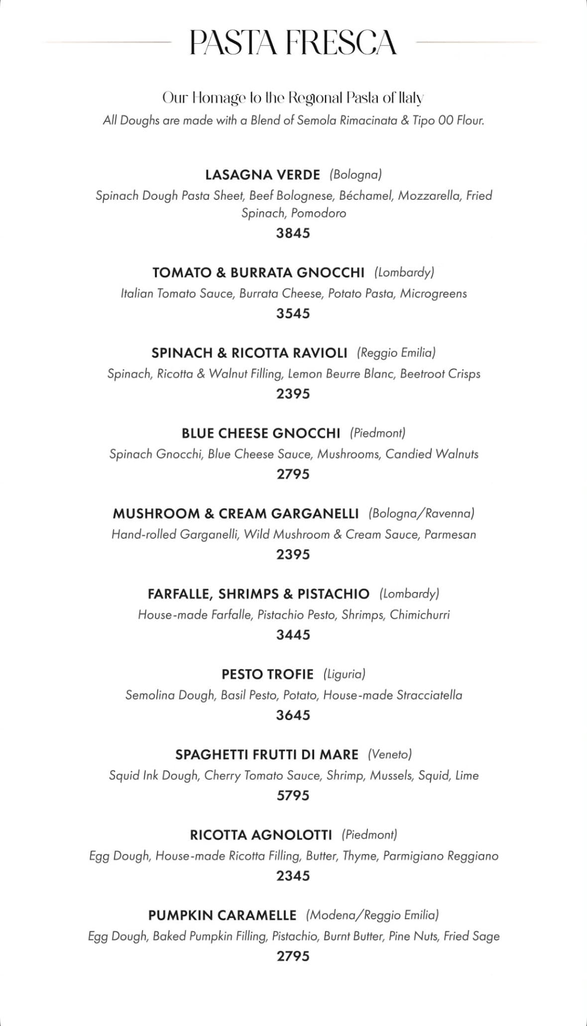 Fuoco Islamabad menu: signature pasta, with prices