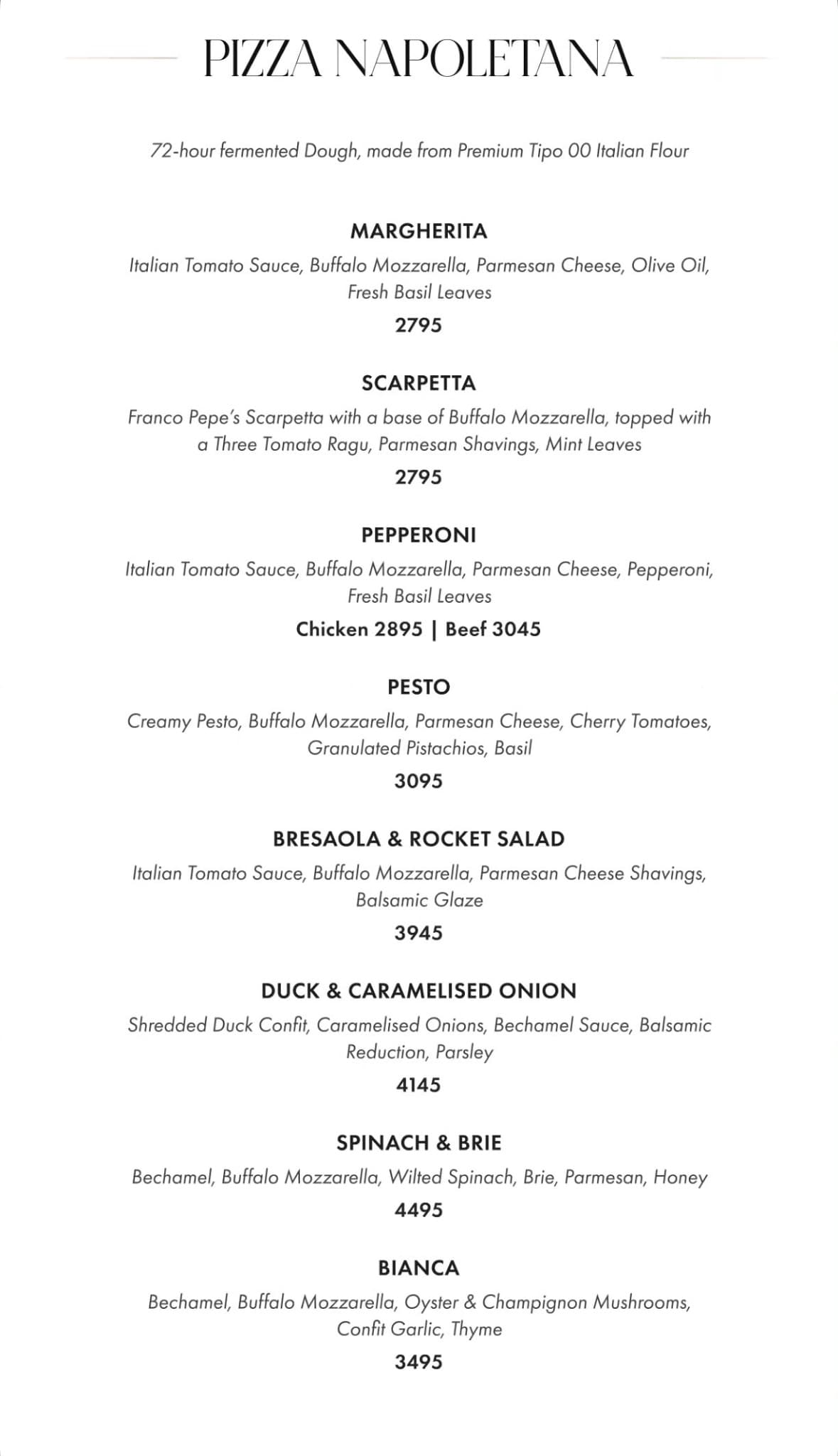 Fuoco Islamabad menu: Neapolitan pizza, with prices