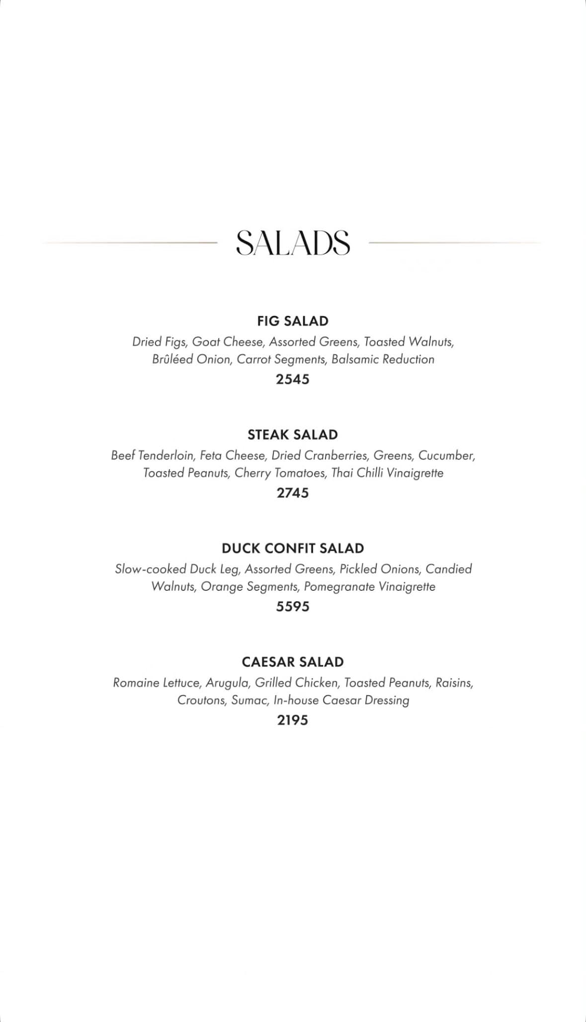 Fuoco Islamabad menu: salads, with prices