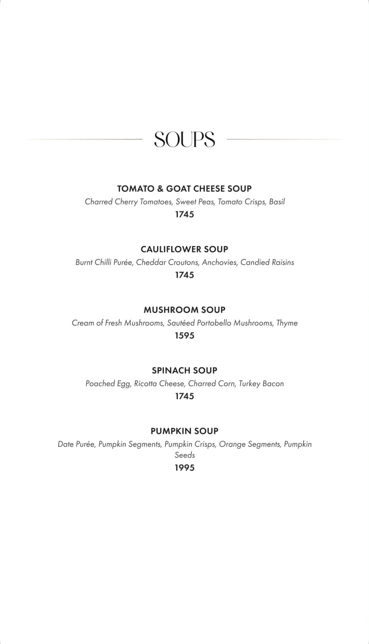 Fuoco Islamabad menu: soups, with prices