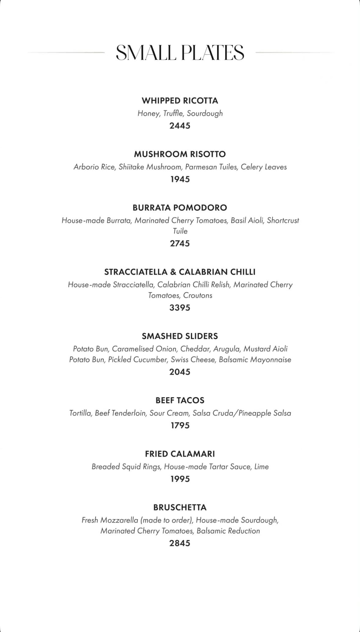 Fuoco Islamabad menu: starters and small plates, with prices
