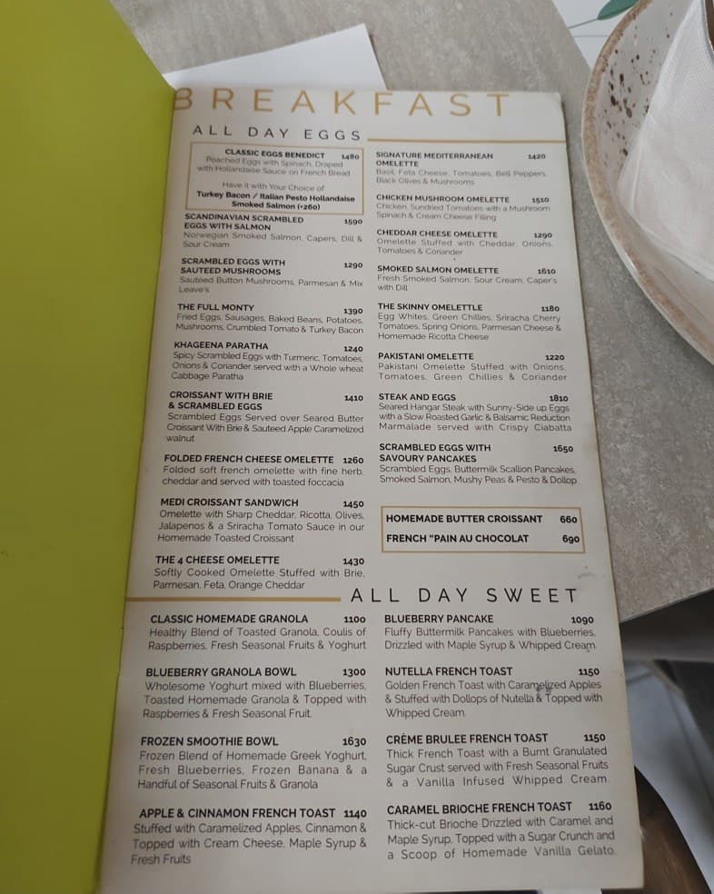 Xander’s Clifton menu: breakfast, with prices