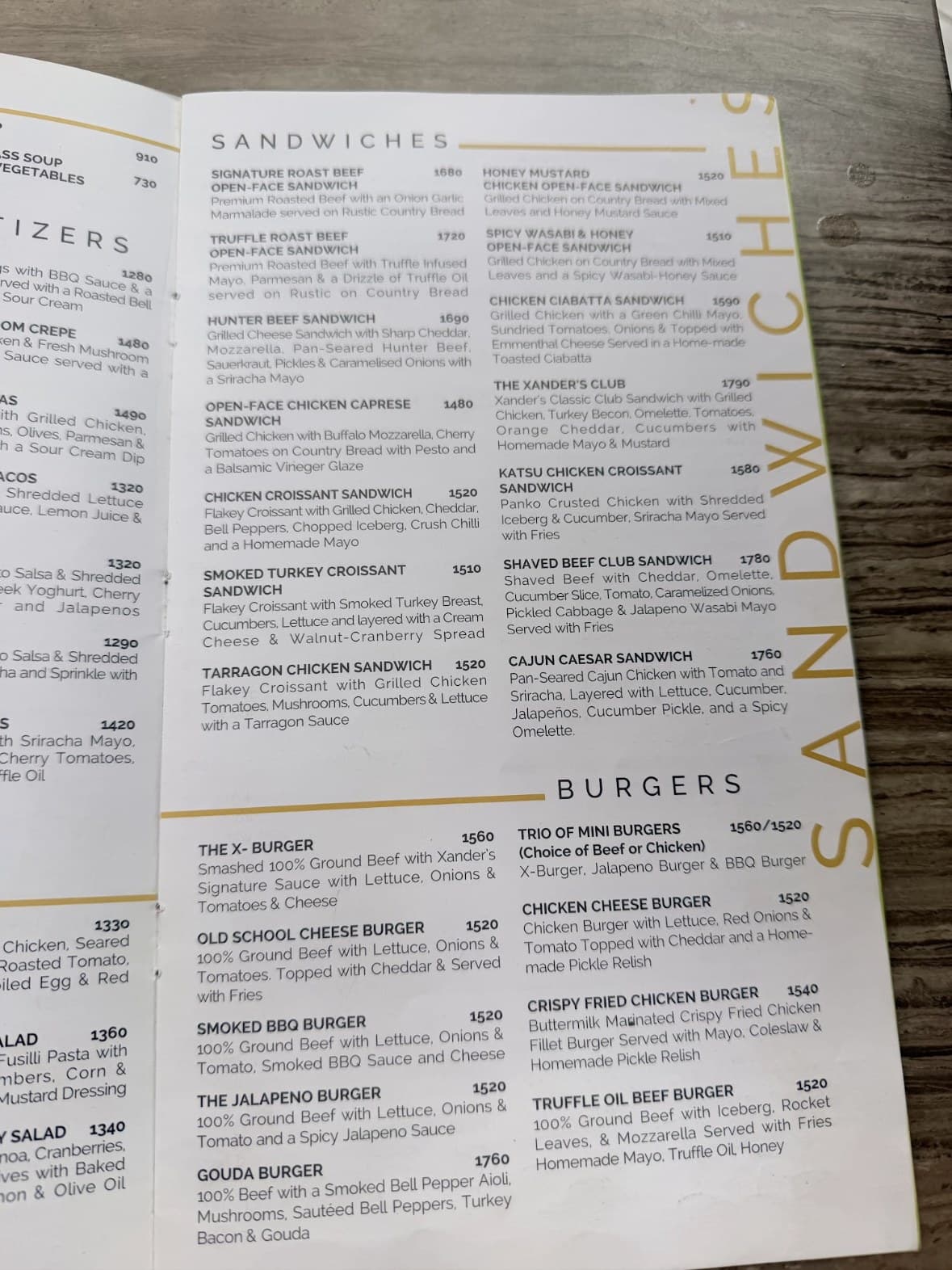 Xander’s Clifton menu: sandwiches and burgers, with prices