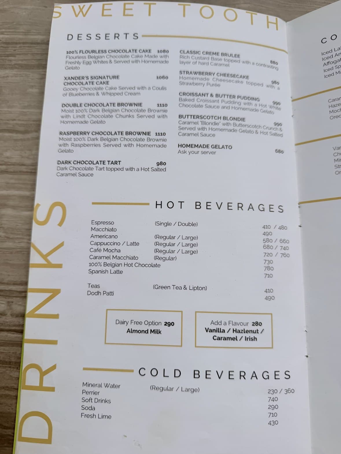 Xander’s Clifton menu: desserts and hot drinks, with prices