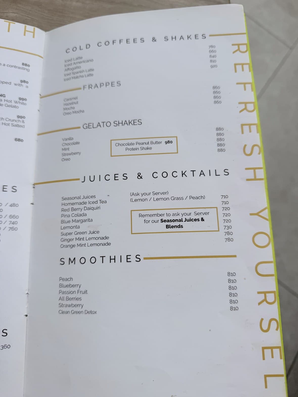 Xander’s Clifton menu: cold drinks, juices and smoothies, with prices