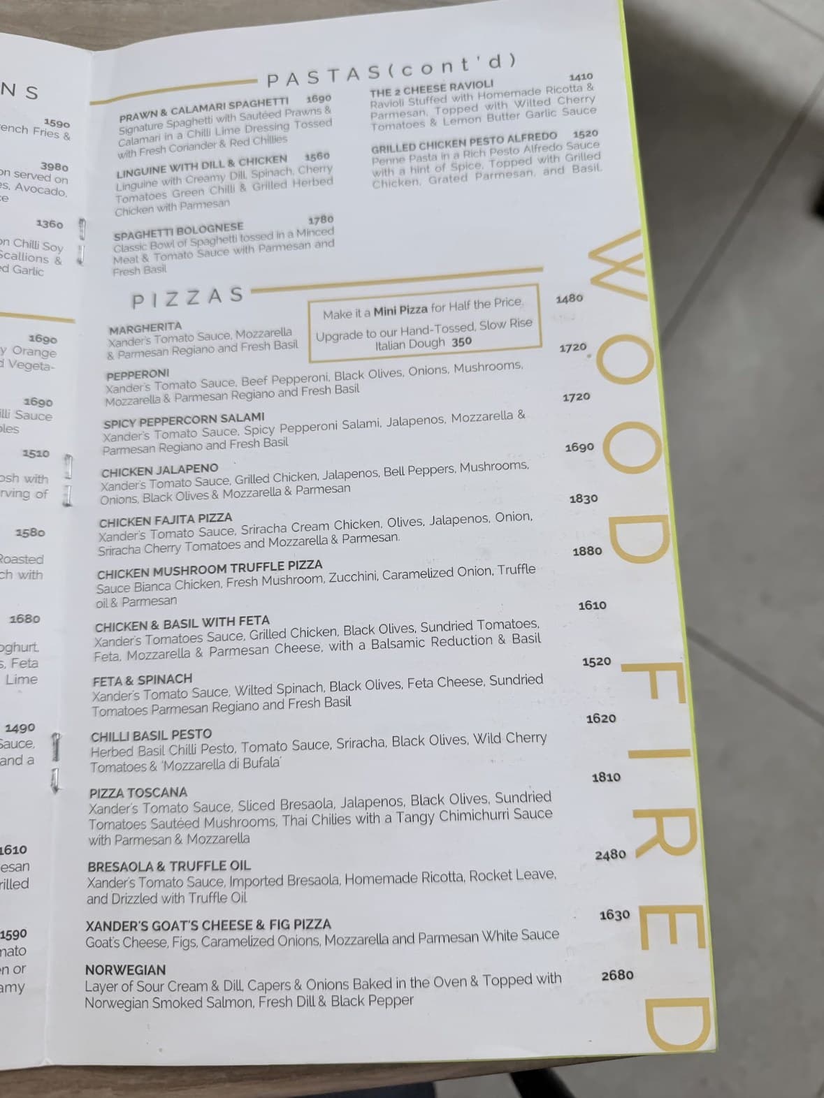 Xander’s Clifton menu: pasta and pizza, with prices
