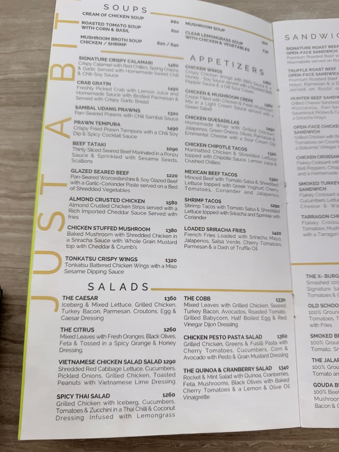 Xander’s Clifton menu: starters, soups and salads, with prices